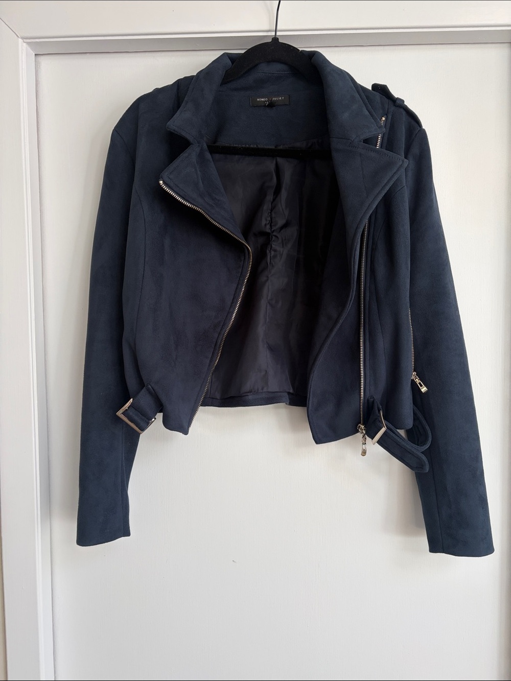 Romeo & Juliet Couture Navy Blue Faux Suede Moto Jacket
